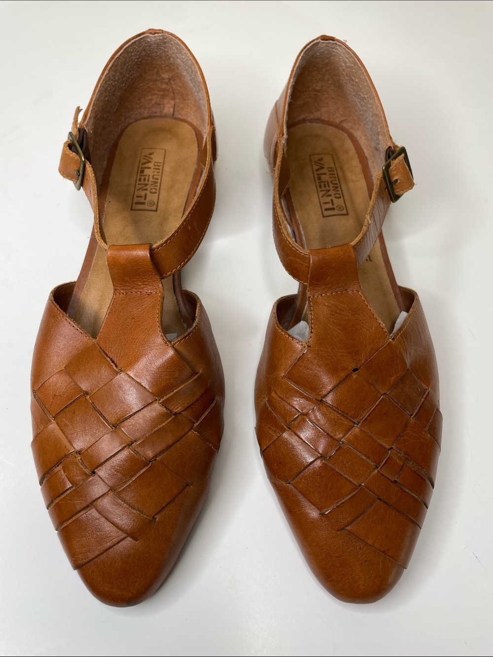 BRUNO VALENTI Vintage Brown Leather Woven Fisherman T-Strap Boho Chic Sandals 11
